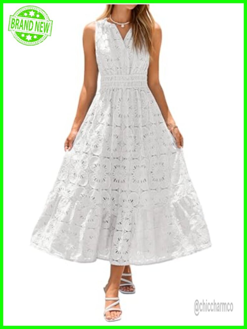 Cotton Blend Sleeveless V-Neck Eyelet Maxi Dress A-Line Boho Beach Wedding Guest